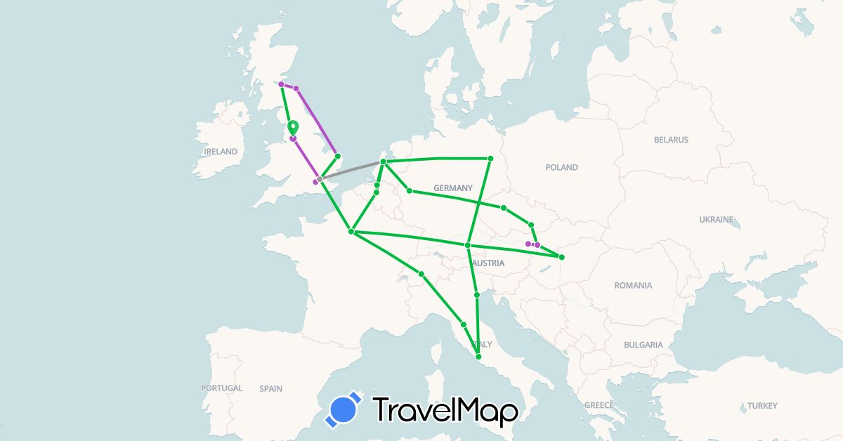 TravelMap itinerary: driving, bus, plane, train in Austria, Belgium, Switzerland, Czech Republic, Germany, France, United Kingdom, Hungary, Italy, Netherlands, Slovakia, Vatican City (Europe)
